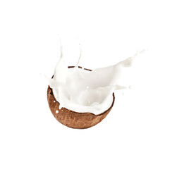 Brown Coconut Half with Splashing Creamy White Coconut Milk. PNG Transparent Background