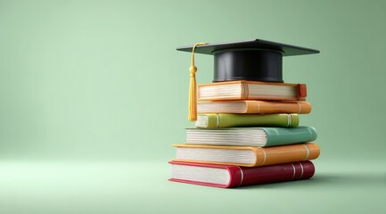 A black graduation cap sits atop a colorful stack of books against a muted green background.  The scene is clean and minimalist, suggesting education and achievement