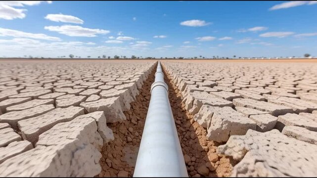 Dry cracked soil with pipeline in arid land highlights global warming effect greenhouse gases impact on environment climate change causing drought desertification and water scarcity challenges