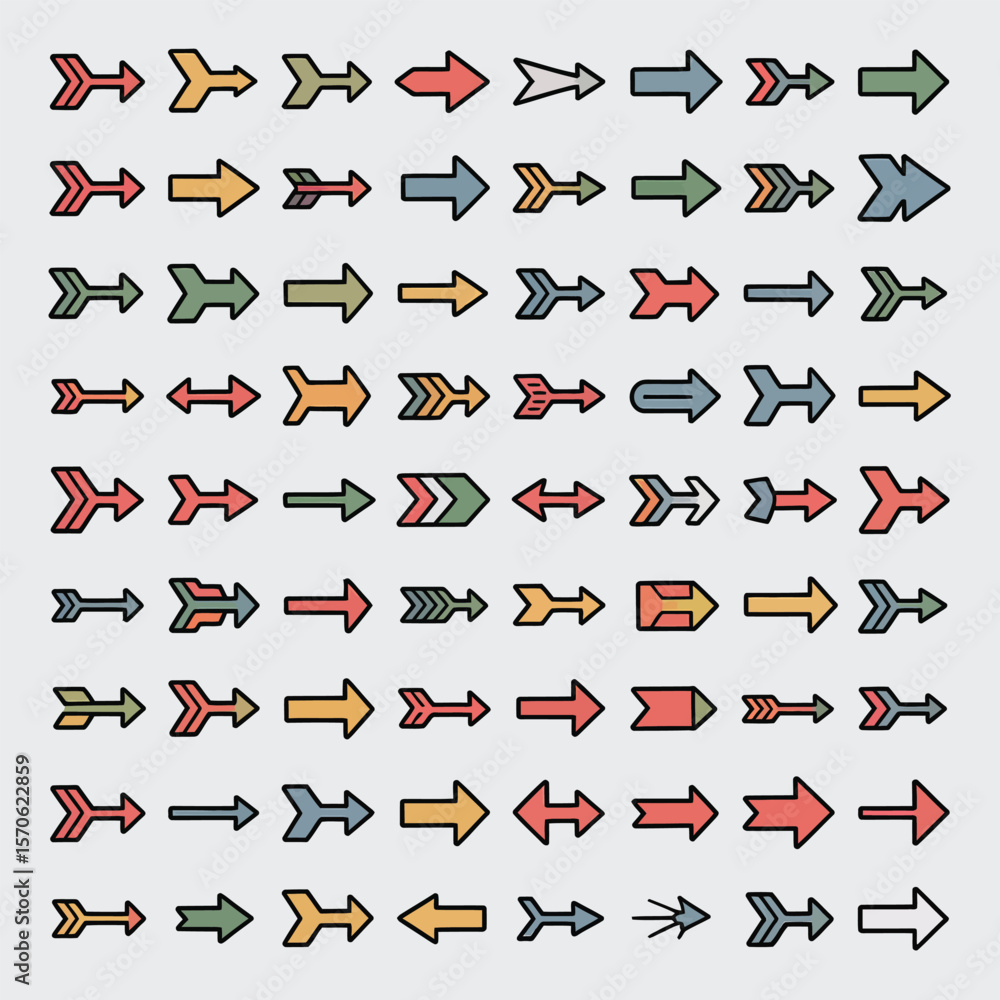 Poster a collection of fifty diverse arrows in pastel colors and bold outlines each arrow is uniquely desig