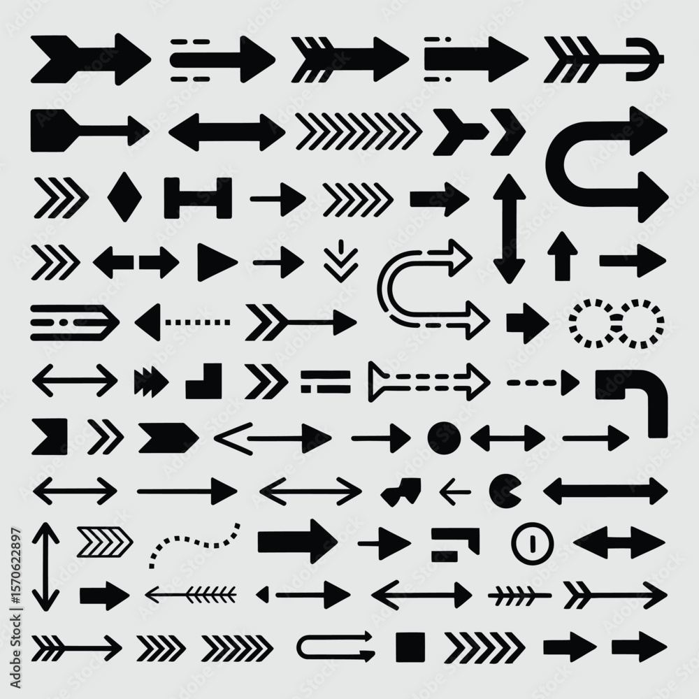 Poster a collection of fifty diverse black arrows on a light gray background various styles and directions 