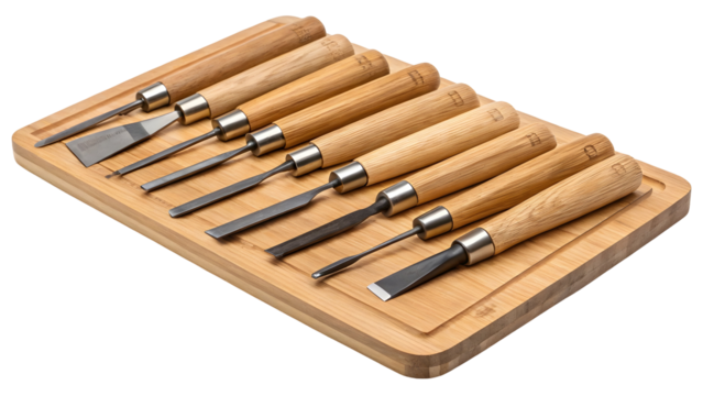 Collection of eight wood carving chisels with wooden handles arranged on a wooden board isolated on a transparent background