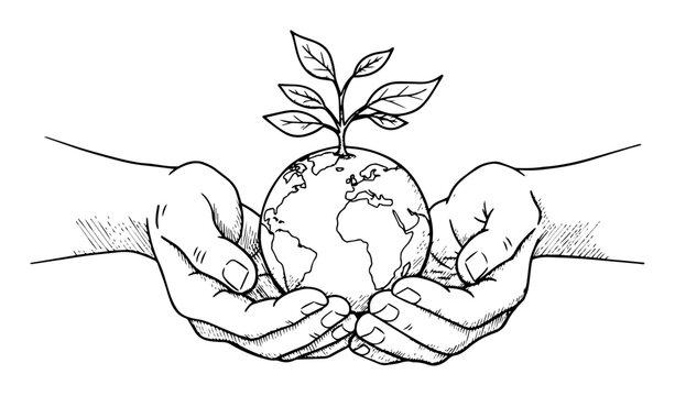hands holding earth with growing plant sketch save the planet concept