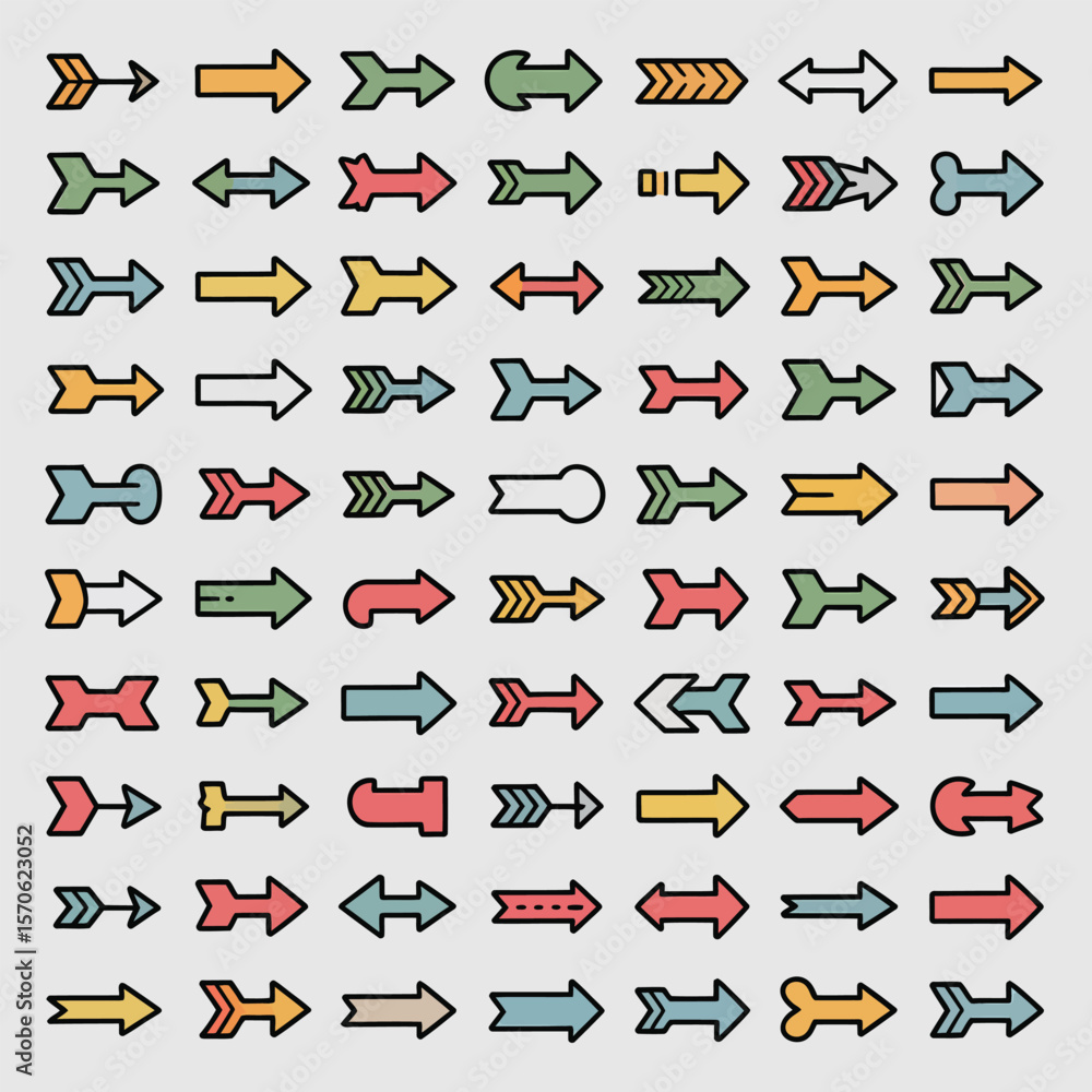 Poster a collection of seventy diverse colorful arrows in a grid pattern on a light gray background each ar