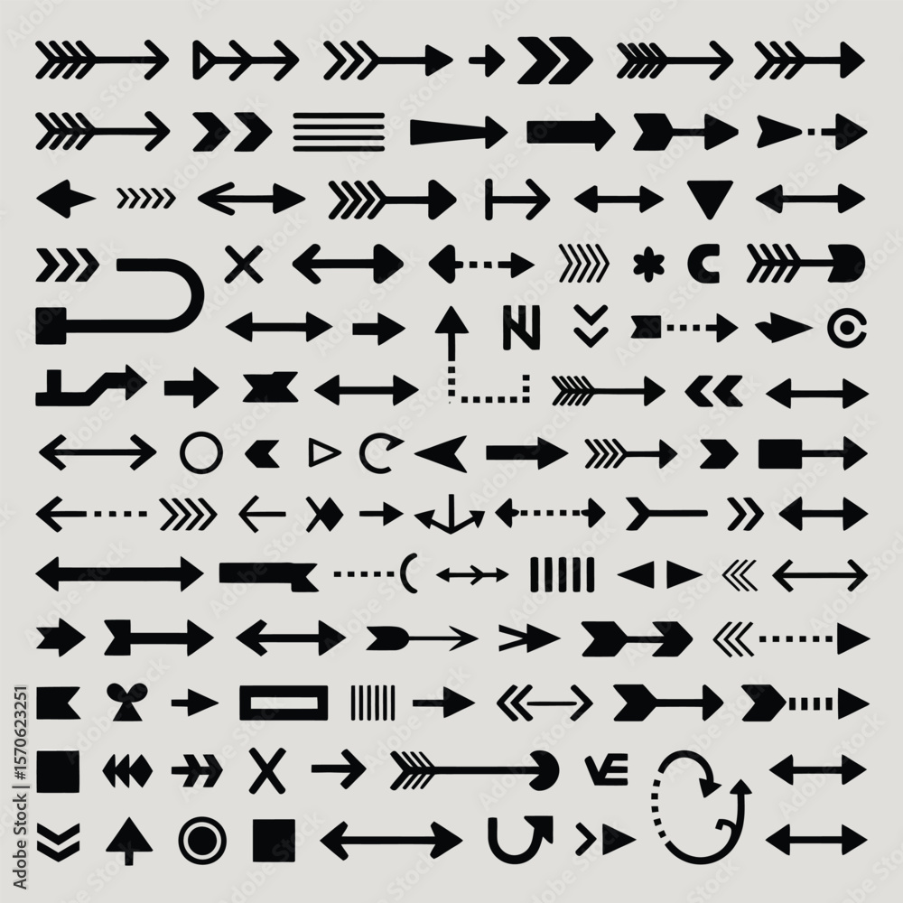 Poster a comprehensive collection of black arrow icons and directional symbols on a light gray background d