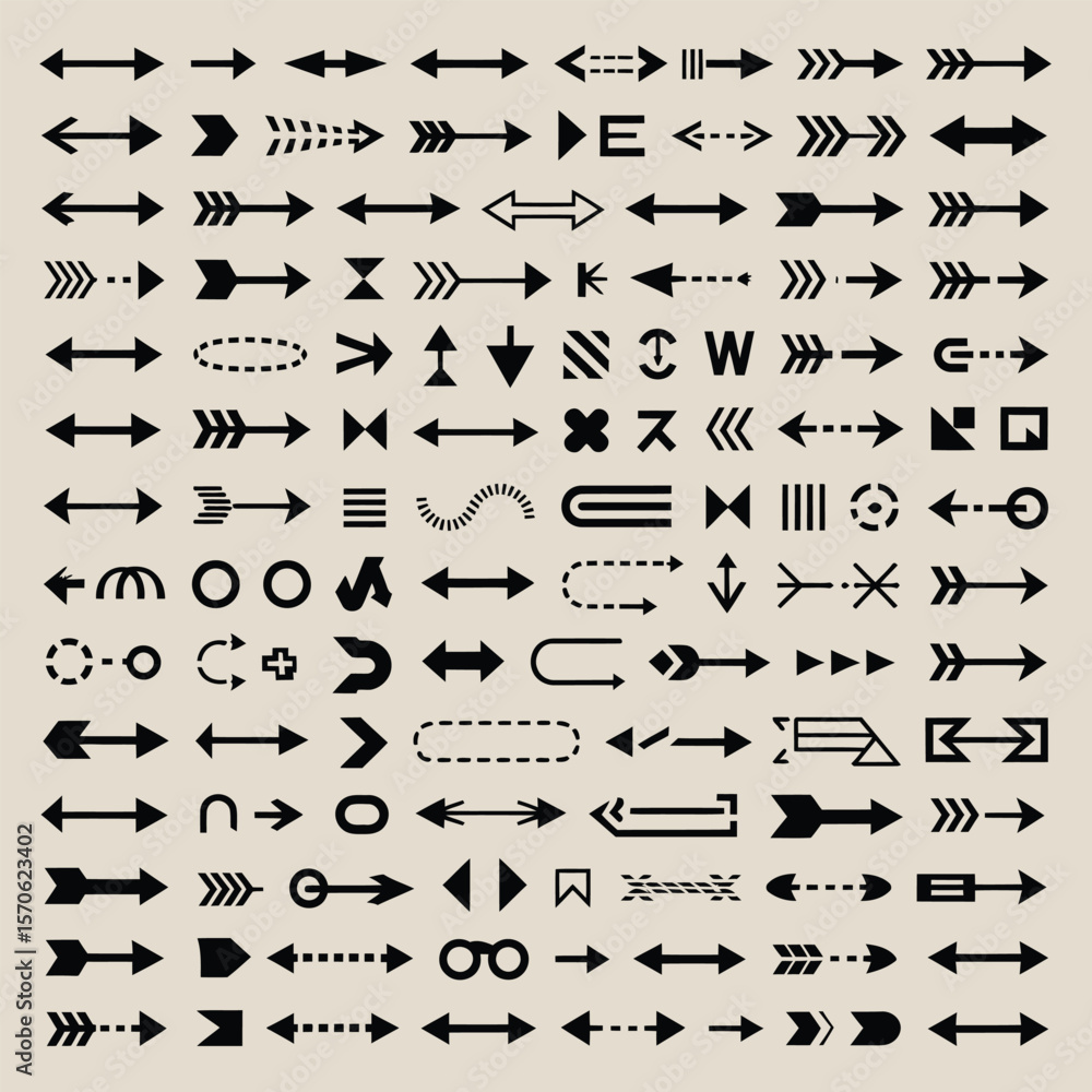 Poster a comprehensive collection of black arrow icons on a beige background diverse styles and directions 