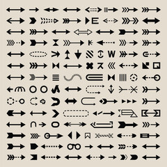A Comprehensive Collection of Black Arrow Icons on a Beige Background Diverse Styles and Directions for Design Elements
