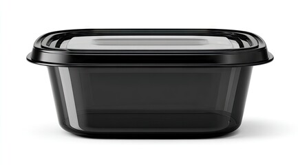 A black, square, plastic food container with a snug-fitting lid, ideal for takeout or storage, shown against a white background