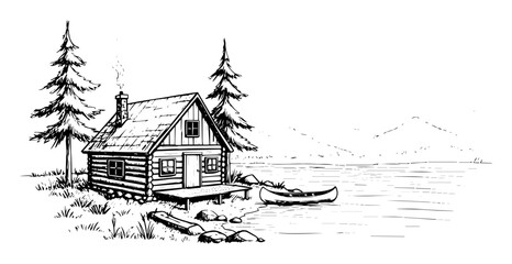 log cabin by lake with canoe vector sketch illustration © Kaz