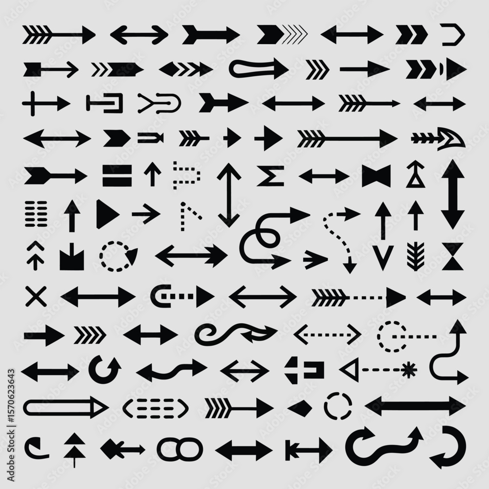 Poster a comprehensive collection of black arrow icons on a light gray background diverse styles and direct