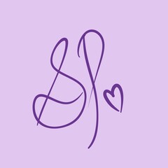Elegant Handwritten Initials "S P" with Heart Symbol on Pastel Purple Background.Minimalist and artistic design featuring the handwritten initials “S J” in elegant script with a small heart symbol. 