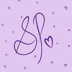 Elegant Handwritten Initials "S P" with Heart Symbol on Pastel Purple Background.Minimalist and artistic design featuring the handwritten initials “S J” in elegant script with a small heart symbol. 