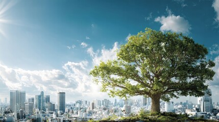 Obraz premium A vibrant tree stands tall against a city skyline, blending nature with urban life under a bright sky.