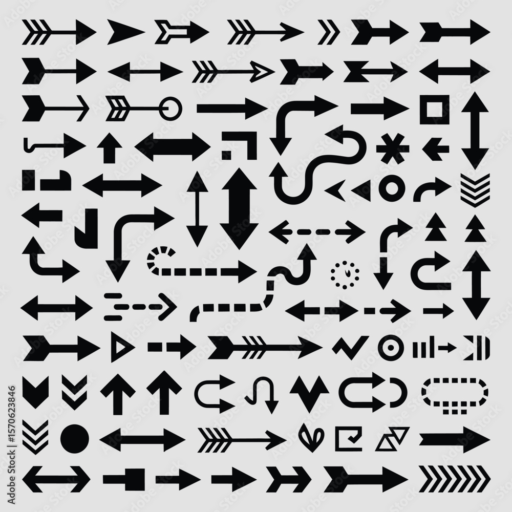 Poster a comprehensive collection of black arrow icons various styles and directions geometric shapes and s