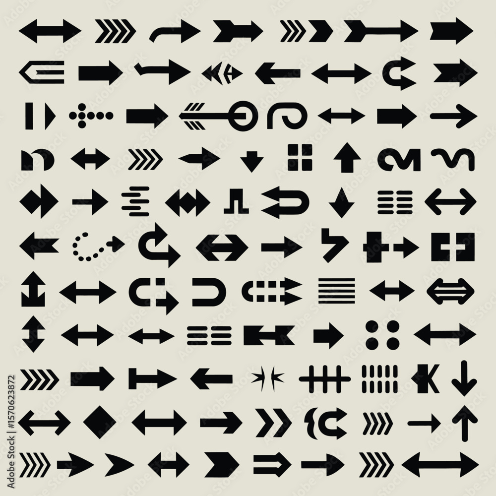 Poster a comprehensive collection of black arrow symbols on a light beige background diverse styles and dir