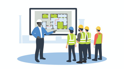 Fototapeta premium Construction worker pointing at a blueprint on a screen with a group of workers listening and observing