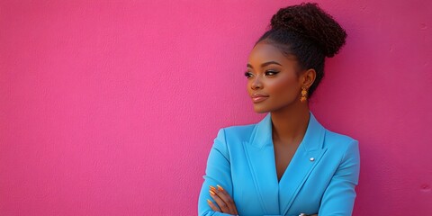 bold black ceo in electric blue suit, visionary leader with explosive color contrast, confident female executive with neon power presence