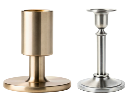Brass and brushed steel taper candle holders for home decor on a transparent background