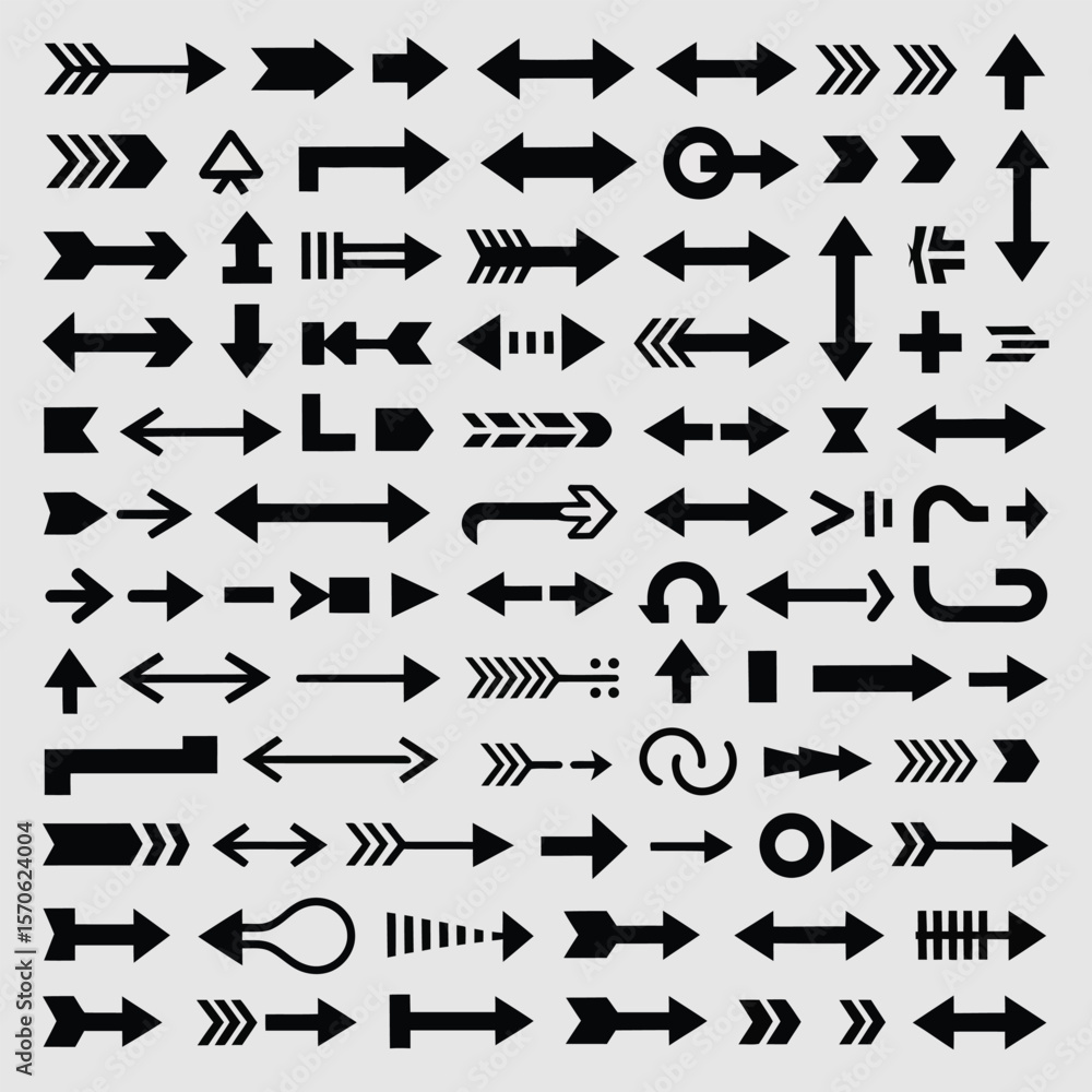Poster a diverse collection of black arrows on a light gray background numerous arrow designs in various st