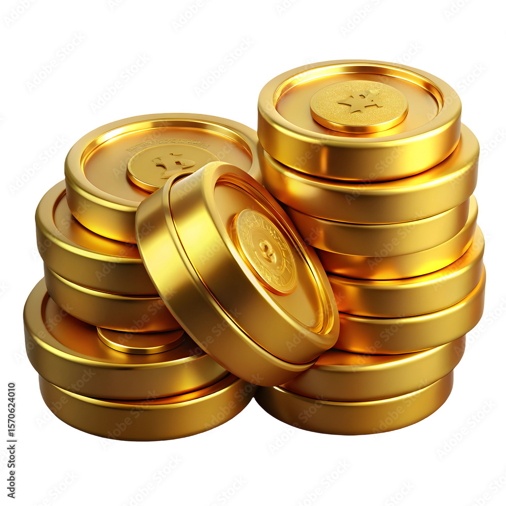 Poster realistic render of stacked gold coins with detailed embossed symbols isolated on a transparent back