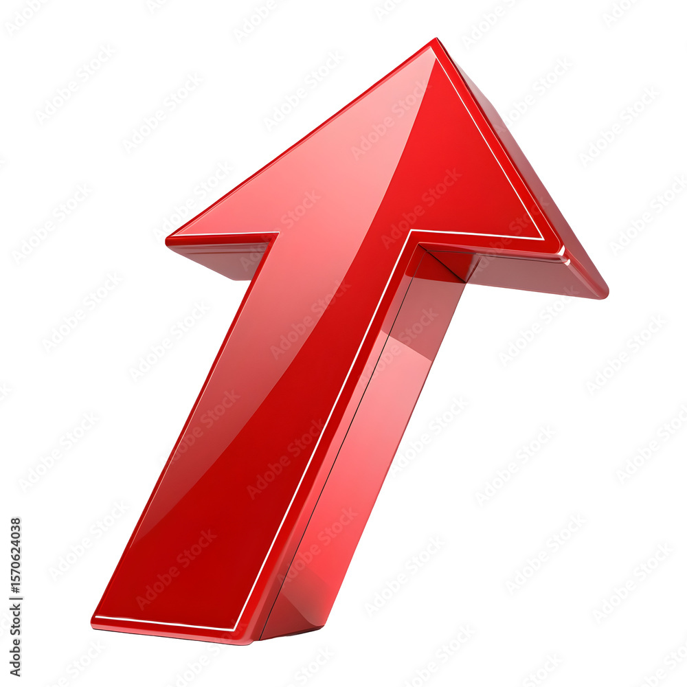 Poster shiny red 3d arrow pointing upwards with white outline isolated on a transparent background