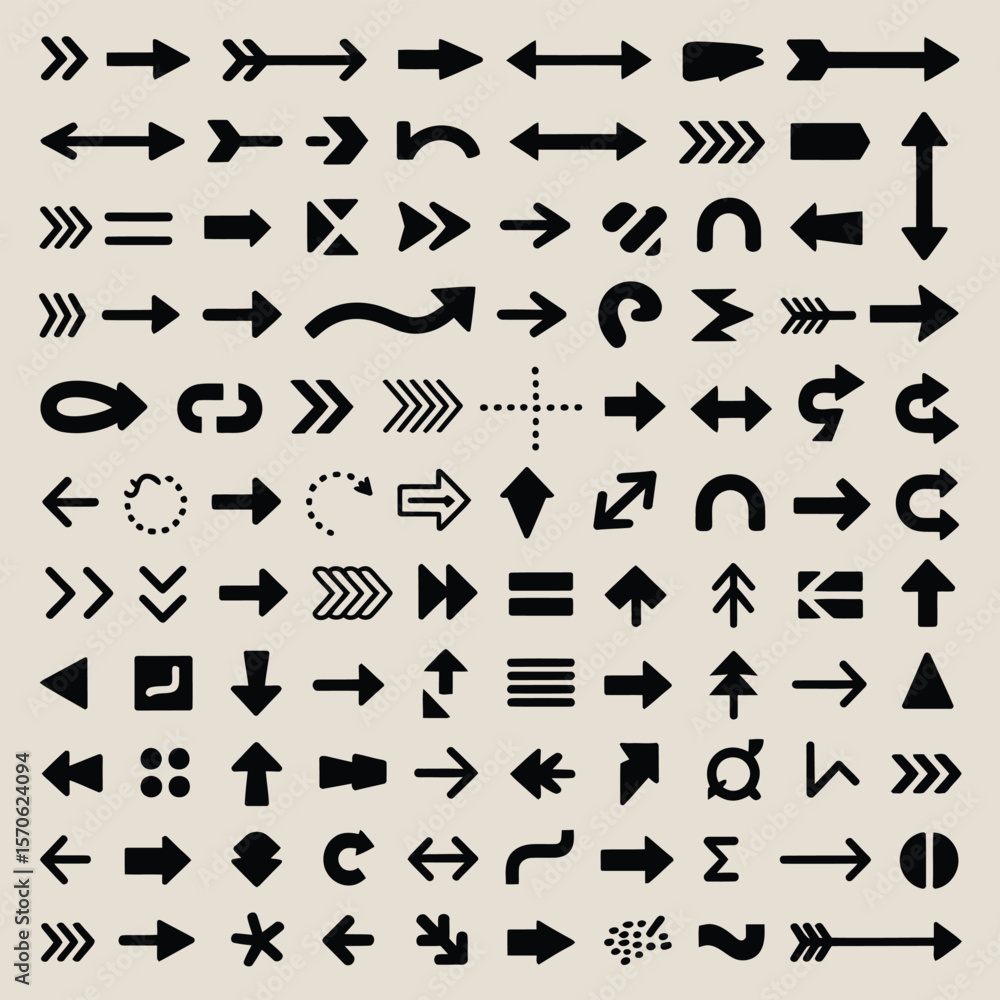 Poster a comprehensive collection of eighty black arrow icons on a light beige background various styles an