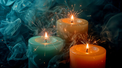 Sparkling teal and orange candles with enigmatic smoke
