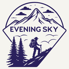 Obraz premium Evening Sky Mountain Hiking Adventure Illustration with Trees and Birds