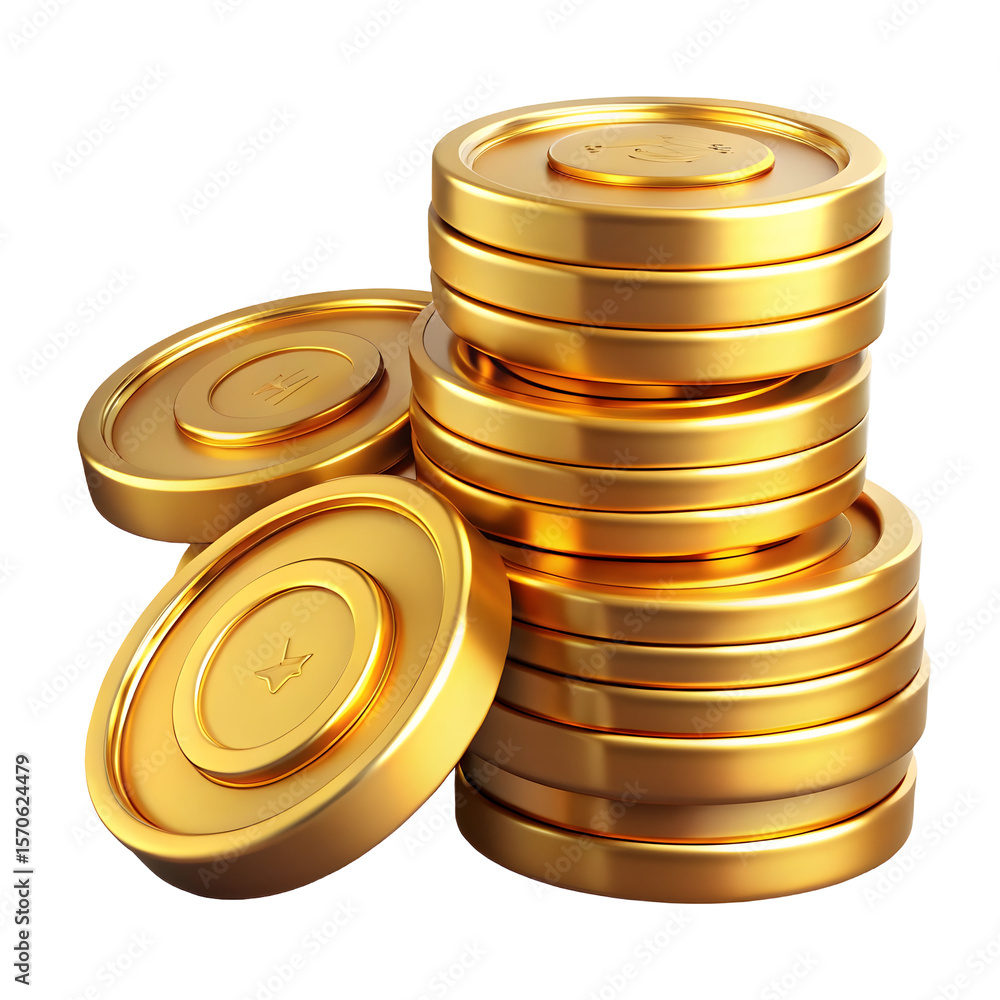 Poster stack of shiny gold coins with circular embossed symbols isolated on a transparent background