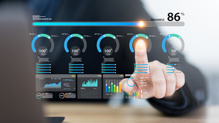Project management uses checklist and task tracking with bar progress indicators to measure completion, productivity, and goal achievement for business success