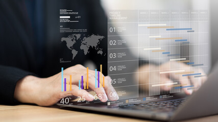 Project management tool helps business manager working on laptop to update task progress, schedule plan, and chart performance for effective planning