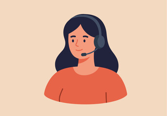 Cheerful woman with a headset, smiling and ready to assist, showcasing excellent customer service in a modern, minimalist illustration style on a neutral background.