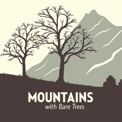 Fototapeta premium Monochromatic Mountain Landscape with Bare Trees Silhouette in a Minimalist Style