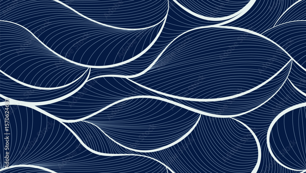 Poster minimalist vector background with line art hand drawn waves texture. ocean linear seamless ornament 