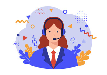 A friendly female customer service representative with a headset provides online support in a modern flat vector illustration.