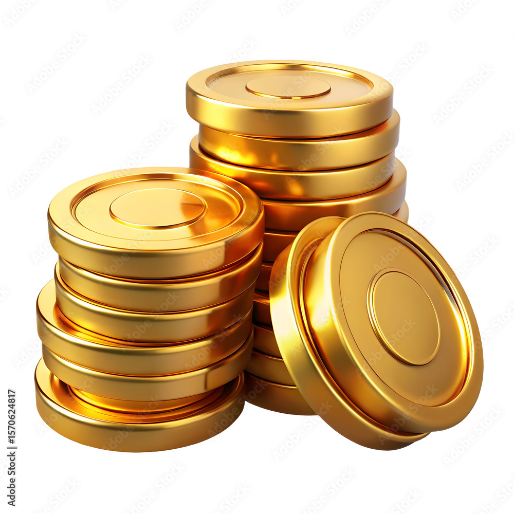 Poster stack of shiny gold coins with detailed texture and reflections isolated on a transparent background