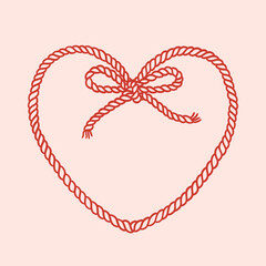 Heart frame of rope and corde bows with knot tied. Trendy border template. Decoration for birthday, wedding, holiday, party. Vintage background for greeting cards, invitations