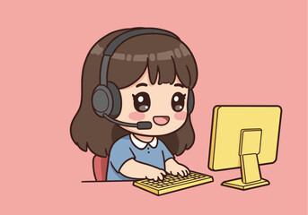 Cute cartoon girl with headset working on computer, typing on keyboard, representing online support, customer service, or remote work in a friendly, digital environment.