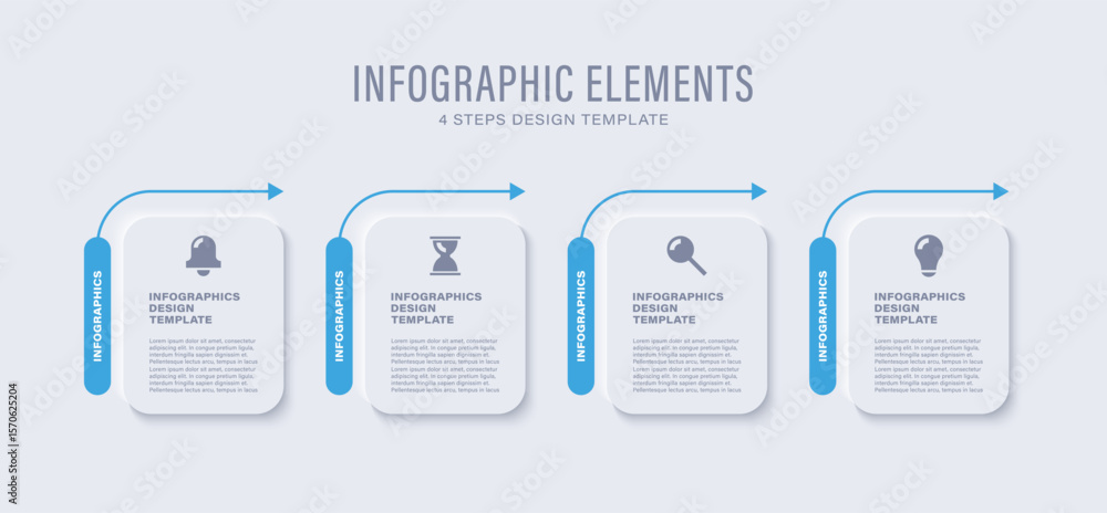 Poster infographics in neumorphism style. four steps infographic layout with business icons and text