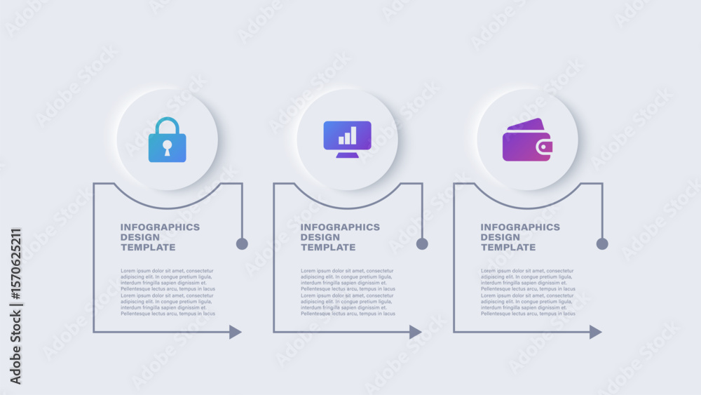 Poster neumorphism vector infographic layout with three steps or options.