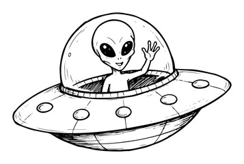 alien waving from ufo spaceship line art