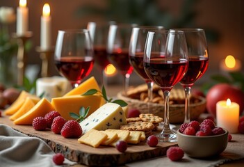 Naklejka premium elegant wine glasses arrangement gourmet cheese display exquisite pairing entertaining experience tantalizing appetizers, set, elegance, table, platter