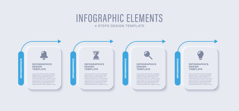 Infographics in neumorphism style. Four steps infographic layout with business icons and text