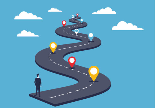 A businessman contemplates a winding road of progress marked by colorful location pins, symbolizing a journey of milestones and achievements in his career or life goals against a clear blue sky with