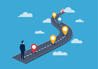 A businessman looks at a winding road with location markers, symbolizing business strategy, planning, and the path to success in a bright, illustrative style.