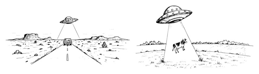 ufo abduction scenes with car and cow vector sketch illustration © Kaz