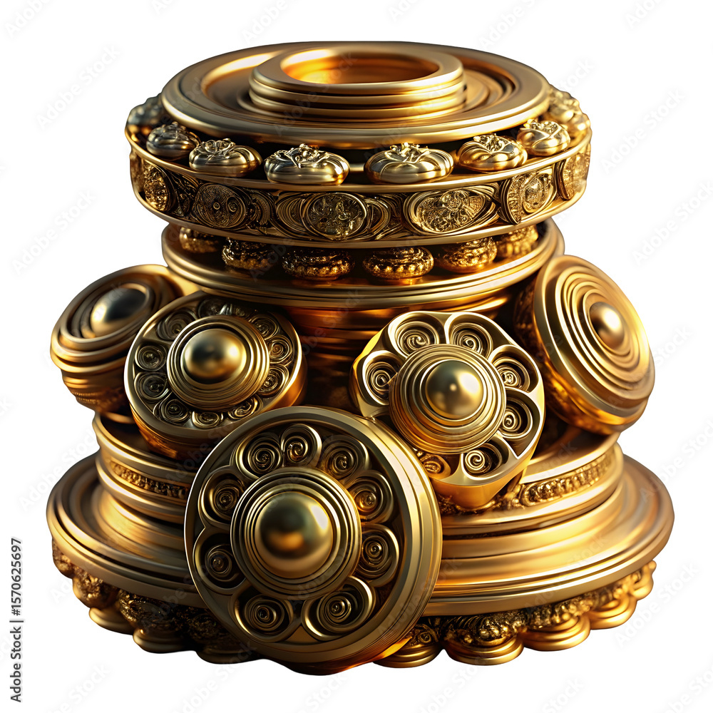 Poster stacked ornate gold circular objects with intricate swirling patterns and central spheres isolated o