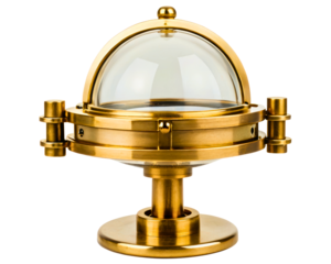 Vintage brass and glass dome device with dual cylinder attachments on a transparent background