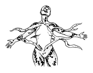 woman with multiple arms open line art