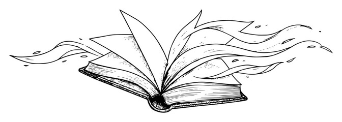 open magic book with flowing pages sketch © Kaz